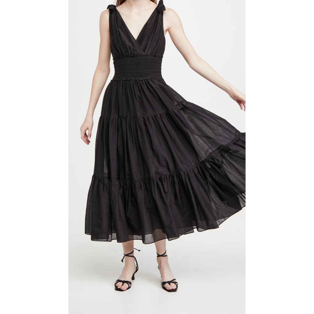 Cinq A Sept Tamar Silk Size 14 Tie Strap Smocked Black Dress Sleeveless $395